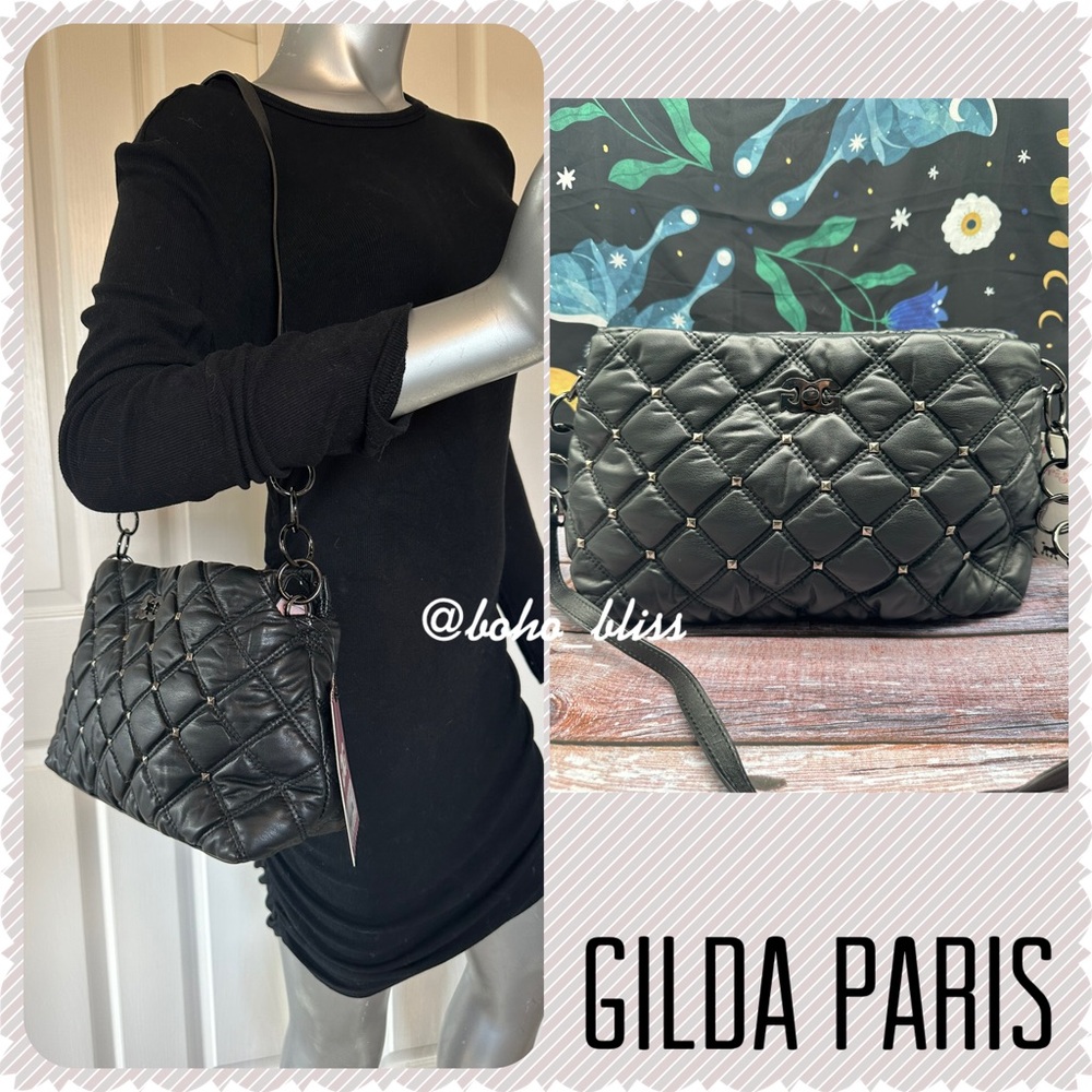 GILDA PARIS | Black Studded Quilted Women's Shoulder Bag NWT